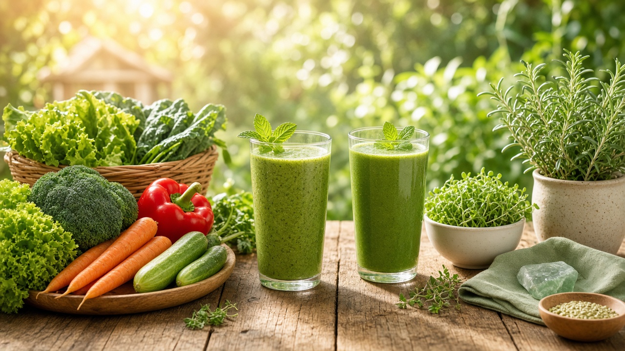 Fresh organic vegetables and wellness ingredients arranged on a wooden table